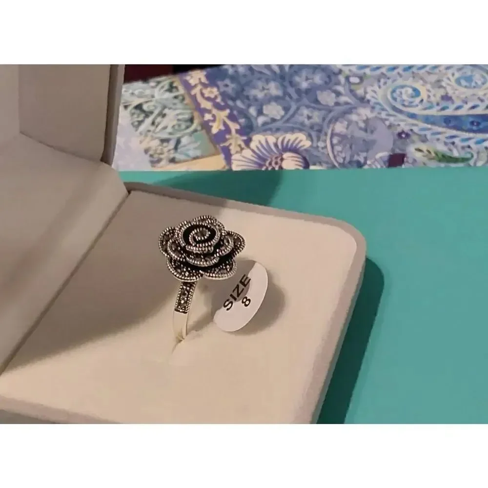 New~Sparkling Marcasite Gemstone Flower Design Ring Sz 8